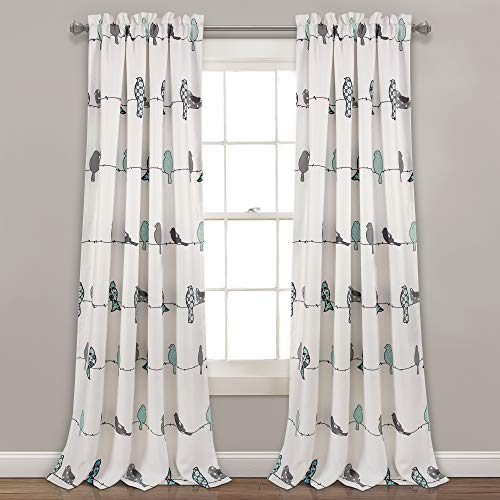 Lush Decor Rowley Birds Light Filtering Window Curtain Panels, Pair, 52" W x 84" L, Blue & Gray - Colorful Floral Print - Whimsical & Playful Bird Curtains For Bedroom, Living Room, Or Dining Room