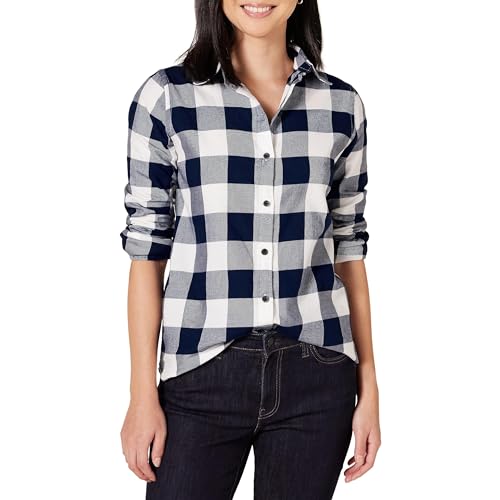 Amazon Essentials Women's Regular-Fit Long-Sleeve Lightweight Plaid Flannel Shirt, Navy Buffalo Plaid, Small