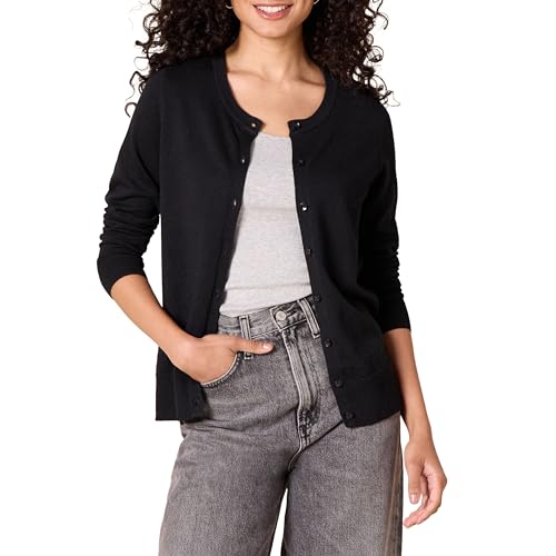 Amazon Essentials Women's Lightweight Crewneck Cardigan Sweater (Available in Plus Size), Black, X-Small