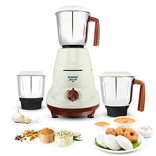 Borosil Home Star Mixer Grinder, For Wet/Dry Mixing & Grinding, 500 Watts, 3 Stainless Steel Jars(1.2 L Blending Jar, 800 ml Dry/Wet Grinder, 400 ml C
