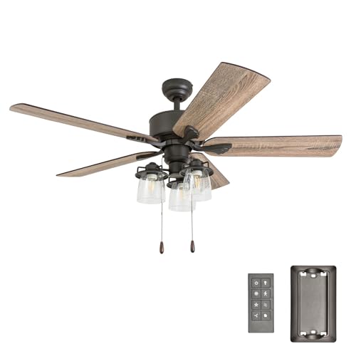 Prominence Home River Run 52" Farmhouse LED Ceiling Fan with Light and Pull Chain, Bronze - Large Indoor Electric Fan with 3 Mounting Opt...