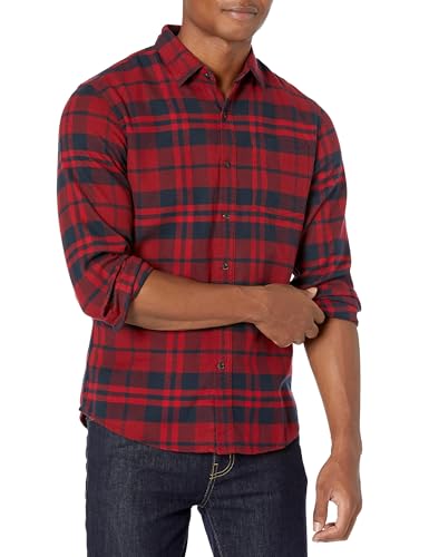 Amazon Essentials Men's Flannel Shirts Long Sleeve, Slim-Fit Button Down Plaid, Navy Red Plaid, Large