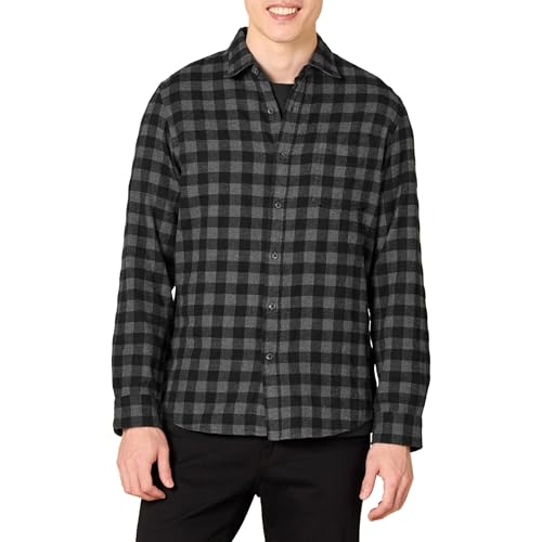 (-58%) Amazon Essentials Herren Langärmeliges Flanellhemd, Schmale Passform, Schwarz Dunkelgrau Buffalokaros, S