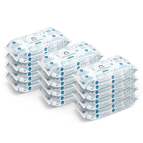 🔥 STARKER PREIS (-23%) by Amazon Ultrasensitive Babyfeuchttücher, 100% pflanzliche Fasern, 99% Wasser, 720 Tücher, Unparfümiert, 12 Packungen à 60 Stück