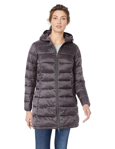 (-78%) Amazon Essentials Damen Leichte, Wasserabweisende und Verstaubare Steppjacke mit Kapuze (Auch in Großen Größen Erhältlich), Dunkelgrau Meliert, L