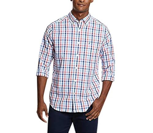 Nautica Men's Wrinkle Resistant Long Sleeve Button Front Shirt Shirt, Dreamy Coral, Large