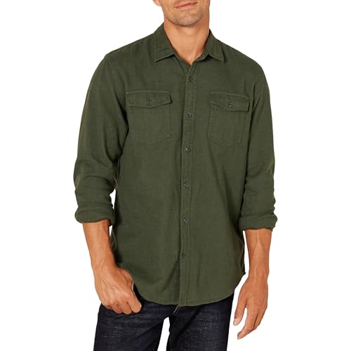 Amazon Essentials Men's Long-Sleeve Flannel Shirt, Regular-Fit, Two Pockets, Olive Heather, X-Large