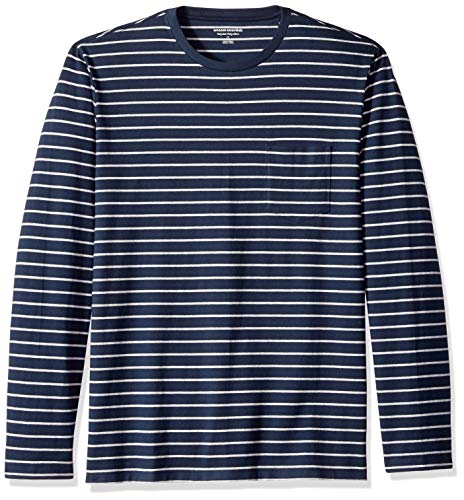 Amazon Essentials Men's Regular-Fit Crewneck T-Shirts, Long-Sleeve, Light Grey Heather Navy Stripe, Size Large, With Pocket