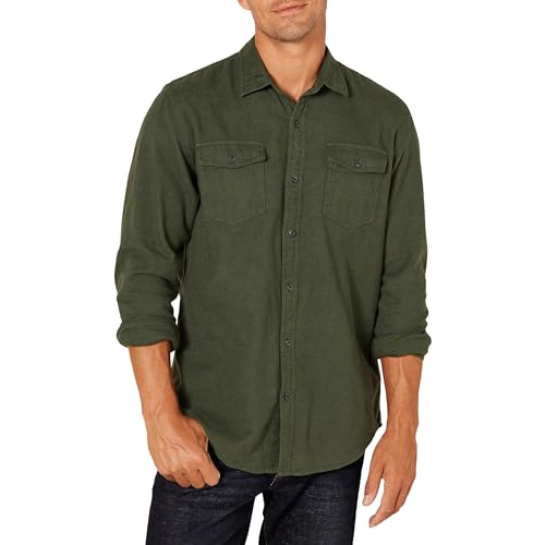 Amazon Essentials Men's Long-Sleeve Flannel Shirt, Regular-Fit, Two Pockets, Olive Heather, Medium
