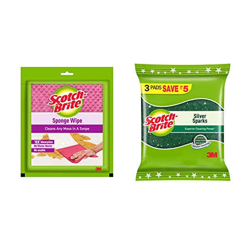 Sponge Wipe Large for Kitchen Cleaning(1 Unit) & Scotch-Brite Silver Sparks Scrub pad 3s Pack x 3 Pack for dishwashing (9 Units)