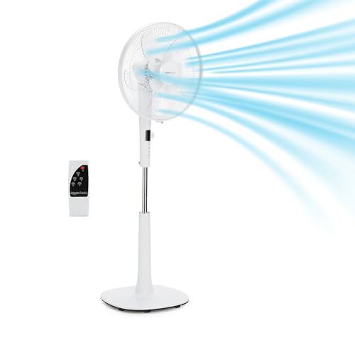 Amazon Basics 16" DC Motor Standing Floor Fan, 12 Speed with Remote, 3 Breeze Modes, Dual-Layered Blades (10 Blades), Timer, Energy Efficiency and Quiet DC Motor (28W), White
