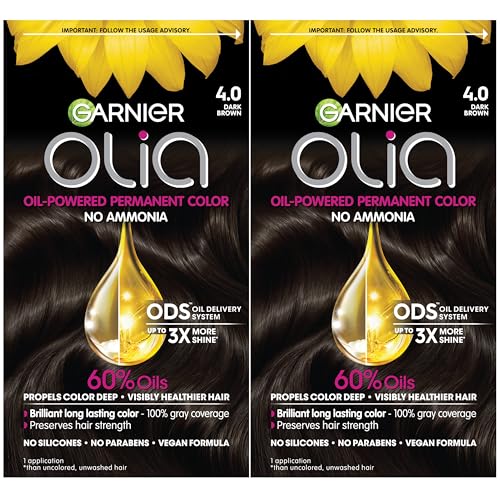 Garnier Hair Color Olia Ammonia-Free Brilliant Color Oil-Rich Permanent Hair Dye, 4.0 Dark Brown, 2 Count (Packaging May Vary)