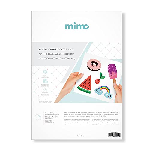 Mimo - Papel Fotográfico Adesivo Brilho - A4-115g - 20 Fls - Qualidade Premium - Controle de Absorção da Tinta Para Melhor Absorção e Resistente a Água - Gramatura de 115 g/m²
