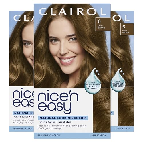Clairol Nice'n Easy Permanent Hair Dye, 6 Light Brown Hair Color, Pack of 3