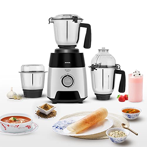 Borosil Silverline Mixer Grinder, for Wet/Dry Mixing & Grinding, 750 Watts, 3 Stainless Steel Jars (400 ml Chutney Jar, 1.5 L Blending Jar, 1.2 L Dry/