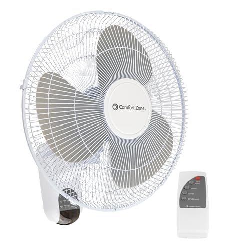 Comfort Zone 16-inch Wall Mount Fan with Remote Control, Quiet 3-Speed Operation, Timer, Adjustable Tilt – Ideal for Bedroom, Home, Gym & Office