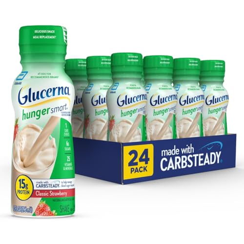 Glucerna Hunger Smart Diabetes Care Shake, Classic Strawberry, Diabetic Meal Replacement to Support Blood Sugar Management, 15g Protein, 180 Calories, Ready to Drink, 10-fl-oz Bottle, 24 Pack