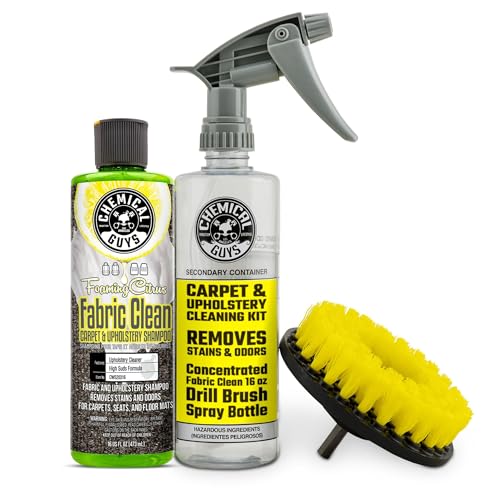 Chemical Guys Foaming Citrus Fabric Clean and Drill Brush Kit - High Foaming Stain and Odor Remover for Car Carpets, Upholstery, and Floor Mats, Deep Cleans and Deodorizes, Citrus Scent - 16 oz