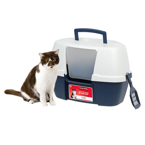 IRIS USA Corner Cat Litter Box Enclosure with Scoop, Small Cat Litter Box with Lid, Corner Litter Box Enclosure for Kittens to Medium Sized Cats, Odor Defensive Hooded Litter Tray, Navy/White