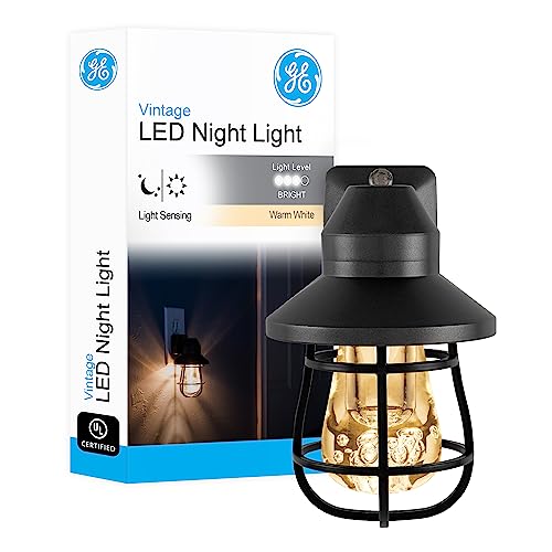 GE Vintage LED Night Light, Plug-in, Dusk to Dawn Sensor, Farmhouse Decor, Mood Lighting, Home Decor, Ambient Lighting, LED Lights for Bedroom, Bathroom, Kitchen, Hallway, 38628, Black, 1 Pack