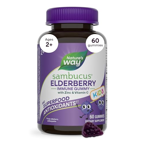 Nature’s Way Sambucus Elderberry Gummies for Kids, Immune Support Gummies*, with Vitamin C and Zinc, Delicious Berry Flavor, 60 Gummies