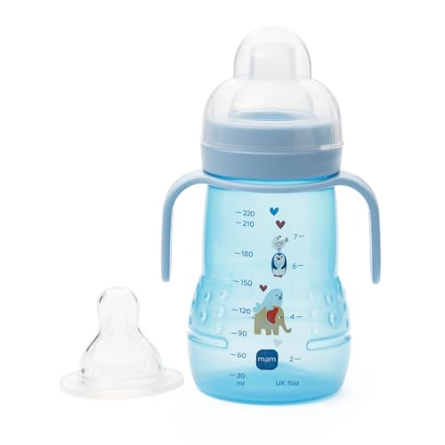 MAM Trainer+ Baby Bottle | 1 Pack (1 x 220ml) | Suitable from 4+ Months for Independent Drinking | Comes with Free Fast Flow MAM Teat Size 3 | Spill-Free | Blue (Various Designs)