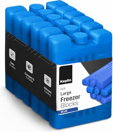 KEPLIN Large Freezer Ice Blocks (6 Pack) – Blue Reusable Ice Packs for Cooler Bags, Lunch Boxes, Travel, Picnic & Camping – Long Lasting Cooling Gel Keeps Food & Drinks Fresh for Hours