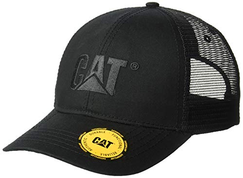 Caterpillar Raised Logo Hats for Men with Embroidered Front and Contrast Mesh Back with Plastic Snapback Closure, Black - One Size