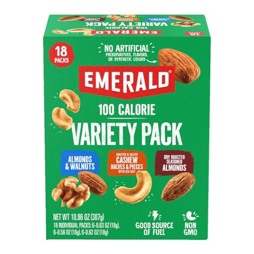Emerald Nuts Mixed Nuts Variety Pack 18ct (1-Pack) , 100-Calorie Individual Packs , Features Dry Roasted Almonds, Natural Almonds & Walnuts, and Roasted & Salted Cashews