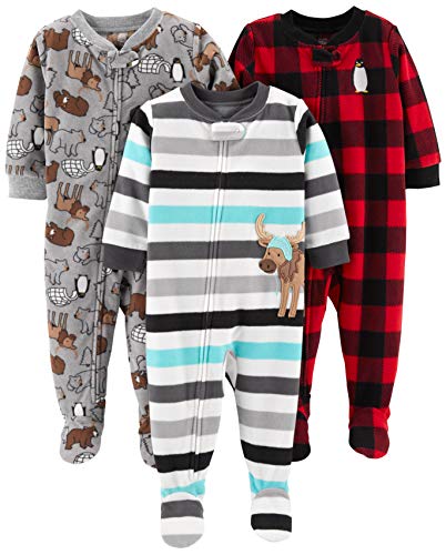 Simple Joys by Carter's Baby Boys' 3-Pack Loose Fit Flame Resistant Fleece Footed Pajamas, Buffalo Check/Polar Bear/Stripe, 12 Months