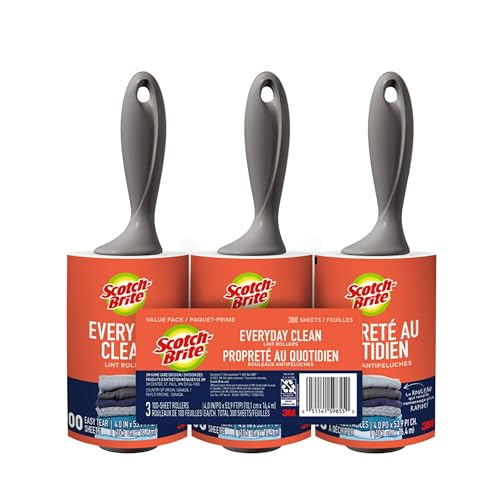 Scotch-Brite Everyday Clean Lint Roller, 3 Pack, Lint Remover for Pet Hair, Dark Clothes, Furniture, and Dusty Surfaces, Picks Up Fur & Fluff in Your Home, Car & Office, 300 Adhesive Sheets Total