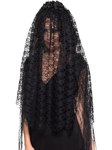 Smiffys Black Widow Veil, Black with Flowers, Halloween Fancy Dress Accessory, Halloween Dress Up Hats