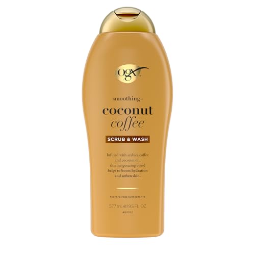 OGX Smoothing + Coconut Coffee Exfoliating Body Scrub with Arabica Coffee & Coconut Oil, Moisturizing Body Wash for Dry Skin, Paraben-Free with Sulfate-Free Surfactants, 19.5 Fl Oz