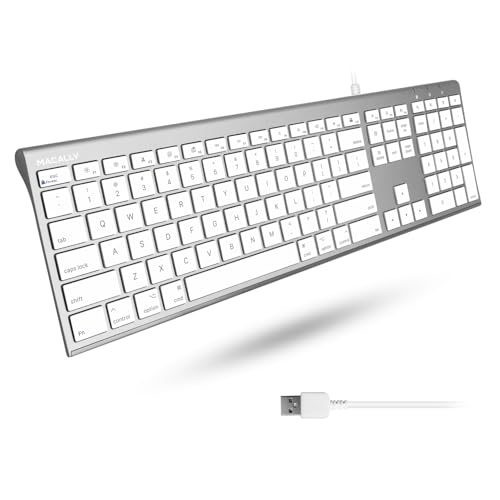 Macally Ultra Slim USB Wired Computer Keyboard - Compatible Apple Keyboard or Windows - Full Size with 20 Mac Keyboard Keys -with Numeric Keypad - Silver Aluminum Finish