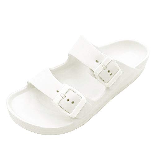 FUNKYMONKEY Women's Comfort Slides Double Buckle Adjustable EVA Flat Sandals (8 M US-Women, White)