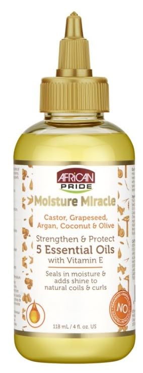 African Pride Moisture Miracle 5 Essential Hair Oils with Vitamin E | Moisture, Shine, Protection, and Growth | Argan, Castor, Grapeseed, Coconut, and Olive Oil | 4 oz