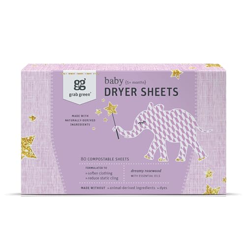 Grab Green Baby Dryer Sheets, 80 Sheets, Dreamy Rosewood Scent, Plant and Mineral Based, Compostable, Softens Clothing and Linens, Reduces Static Cling