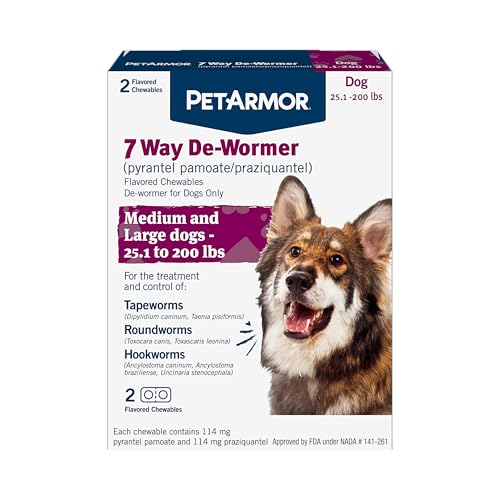 PetArmor 7 Way De-Wormer for Dogs, Oral Treatment for Tapeworm, Roundworm & Hookworm in Large Dogs & Puppies (Over 25 lbs), Worm Remover (Praziquantel & Pyrantel Pamoate), 2 Flavored Chewables