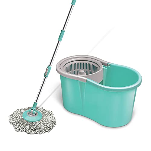 Spotzero by Milton Mini Spin Mop with Puller Handle, Bucket Floor Cleaning and Mopping System 360° Flexible,1 Microfiber Refills, Big Size, Aqua Green