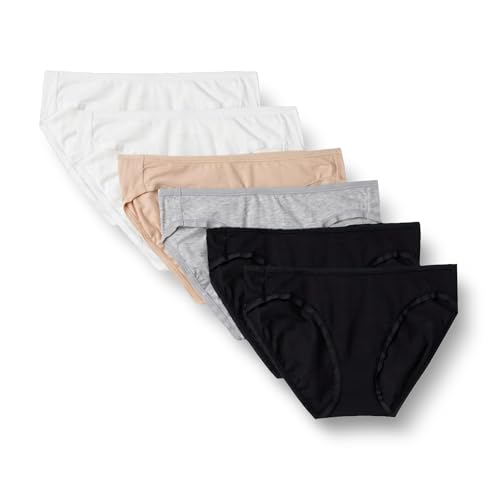 Amazon Essentials Women's Cotton Bikini Brief Underwear (Available in Plus Size), Pack of 6, Black/Grey Heather/Light Pink/White, Medium