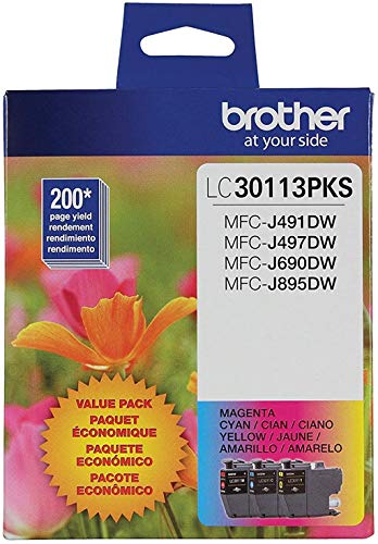 Brother Genuine LC30113PKS 3-Pack Standard Yield Color Ink Cartridges, Page Yield Up to 200 Pages/Cartridge Includes Cyan, Magenta and Yellow, LC3011