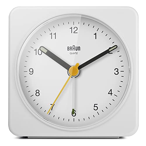 Braun Classic Analogue Alarm Clock with Snooze and Light, Quiet Quartz Sweeping Movement, Crescendo Beep Alarm in White,