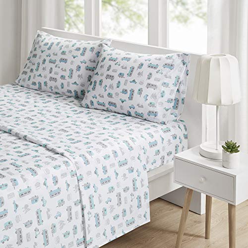 Intelligent Design Microfiber Cozy Bed Sheet Set, Modern All Season Bedding & Pillowcases, Premium 14" Elastic Pocket Fits up to 16" Mattress, Twin Grey/Blue Road Trip 3 Piece