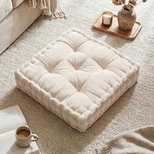 Intelligent Design Azza Floor Pillow, Large Cushions Sitting for Adults, Floor Pillow for Meditation or Yoga, Lustrous Chenille Tufted with Scalloped Edges for Bench/Chair Cushion, 20"x20"x5" Ivory