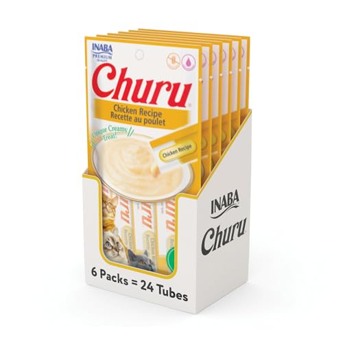 INABA Churu Cat Treats, Grain-Free, Lickable, Squeezable Creamy Purée Cat Treat/Topper with Vitamin E & Taurine, 0.5 Ounces Each Tube, 24 Tubes (4 per Pack), Chicken Recipe