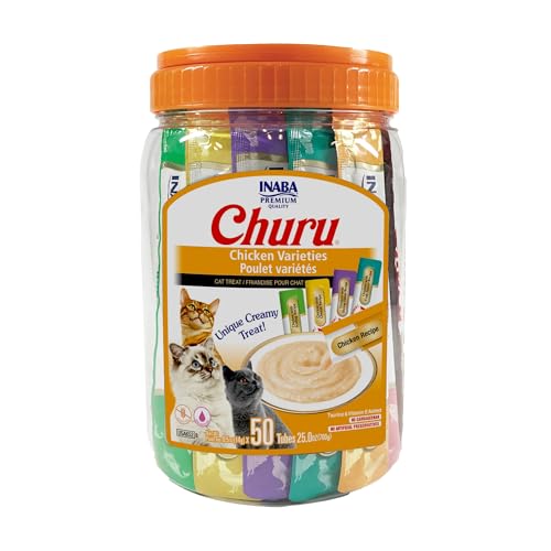 INABA Churu Cat Treats, Grain-Free, Lickable, Squeezable Creamy Purée Cat Treat/Topper with Vitamin E & Taurine, 0.5 Ounces Each Tube, 50 Tubes, Chicken Variety