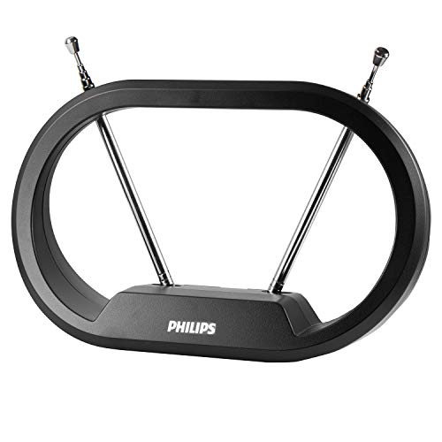 Philips Indoor TV Antenna Rabbit Ears for Local Channels, 15 Inch Extendable Dipoles, 4K 1080P VHF UHF, Tabletop Antenna, Digital HDTV Antenna, Smart TV, 4ft Coaxial Cable, Black, SDV7114A/27
