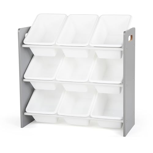 Humble Crew 9-Bin Toy Organizer – Inspire Grey with White Plastic Bins, 3-Tier Storage Solution for Kids' Playrooms and Nurseries