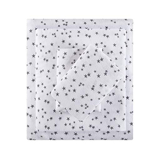 Intelligent Design Cozy Soft 100% Cotton Flannel Print Animals Stars Cute Warm, Ultra Soft Cold Weather Sheet Set Bedding, Twin XL, Grey Stars 3 Piece
