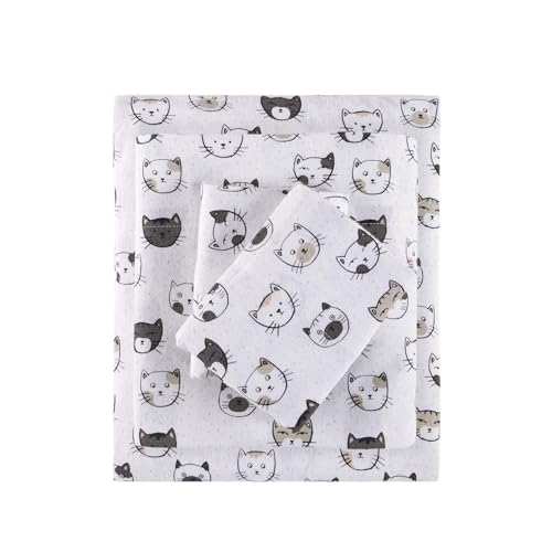 Intelligent Design Cozy Soft 100% Cotton Flannel Print Animals Stars Cute Warm, Ultra Soft Cold Weather Sheet Set Bedding, Twin, Grey/Pink Cats 3 Piece